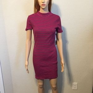 Ribbed Mock-Neck Dress Bright Fuchsia Combo (S)